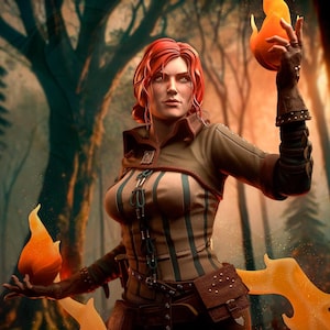 Puede incluir: Una mujer con cabello rojo y ojos verdes sostiene una bola de fuego en su mano derecha. Lleva una chaqueta de cuero marrón con una camisa a rayas debajo. Está de pie en un bosque con árboles y follaje en el fondo.