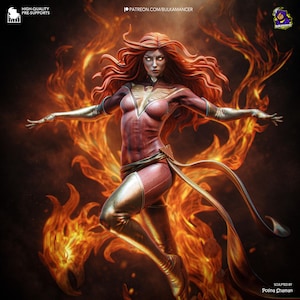 Op de afbeelding: Digitale kunst van een vrouwelijke figuur met vurig rood haar en een rood en goud kostuum, omringd door vlammen. De figuur staat in een dynamische pose met uitgestrekte armen. Tekst bevat "HIGH-QUALITY PRE-SUPPORTS" en "PATREON.COM/BULKAMANCER".