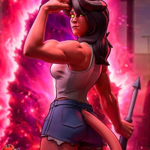 May include: Digital illustration of a muscular character with red skin, black horns, and a tail. The character wears a white tank top and denim shorts, flexing an arm. A spear is held in one hand. The background is a vibrant pink and red energy field. Text reads "PATREON H3LL CREATOR".