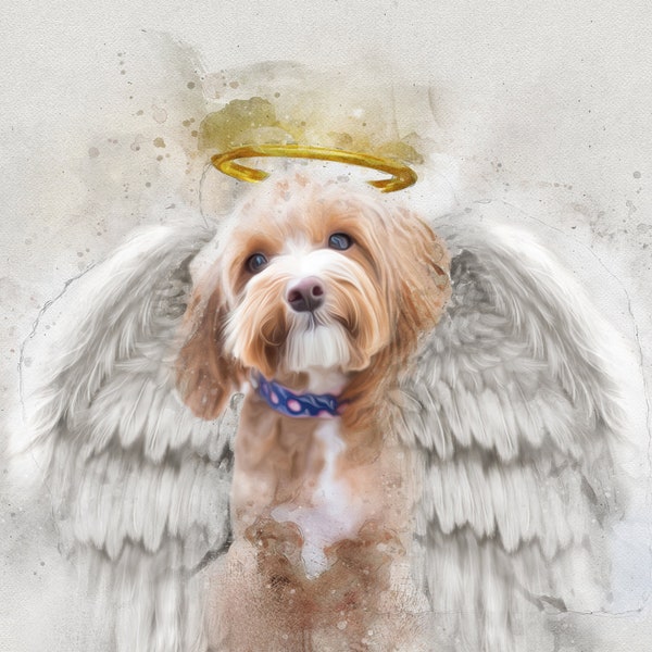 Pet Loss Memorial Portrait with Angel Wings and Halo,deceased pet, dog oil painting ,watercolor painting from photo,dog memorial frame,