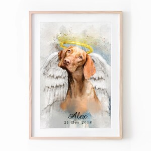 May include: A watercolor painting of a brown dog with a halo, angel wings, and the text "Alex 21 Dec 2018".
