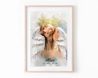 Pet Loss Memorial Portrait with Angel Wings and Halo, Custom Dog Memorial Painting, Personalized Dog Tribute Artwork