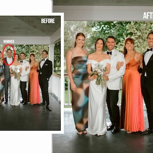 May include: A split-screen comparison showing a wedding party on a porch. The left side labeled BEFORE includes an extra person circled in red. The right side labeled AFTER shows the same group with the person removed, featuring formal attire.