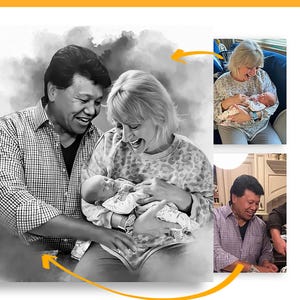 May include: Black and white portrait of a family with a baby. The image shows a man and woman smiling and holding a baby. Two smaller images show the same man and woman with the baby. The image is a digital illustration.