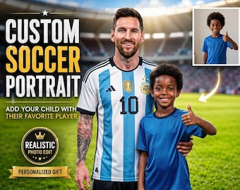 Custom Soccer Portrait with Lionel Messi, Personalized Graduation Gift, Birthday Gift for Son, Soccer Lovers Gift, Soccer Art