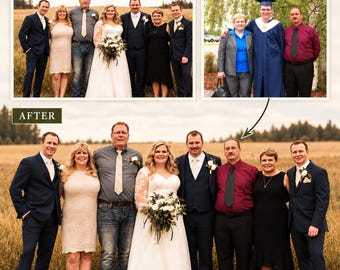 May include: A composite image showing a before and after photo editing service. The top section displays a before photo and a source photo, while the bottom section shows the final edited group portrait. Text includes Hand-edited, Natural results.