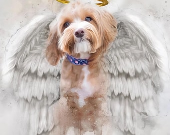 Pet Loss Memorial Portrait with Angel Wings and Halo,deceased pet, dog oil painting ,watercolor painting from photo,dog memorial frame