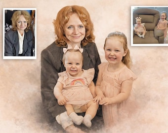 Handmade Watercolor Portrait From Different Photos, Add Family Members, Memorial Keepsake