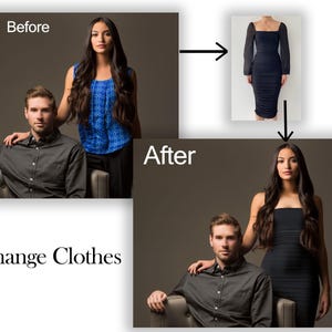 Può includere: Una coppia posa per una foto. La donna indossa una camicia a righe blu e bianche nella prima immagine e un vestito nero nella seconda immagine. L'uomo indossa una camicia nera in entrambe le immagini.