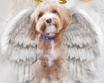 Pet Loss Memorial Portrait with Angel Wings and Halo,deceased pet, dog oil painting ,watercolor painting from photo,dog memorial frame,