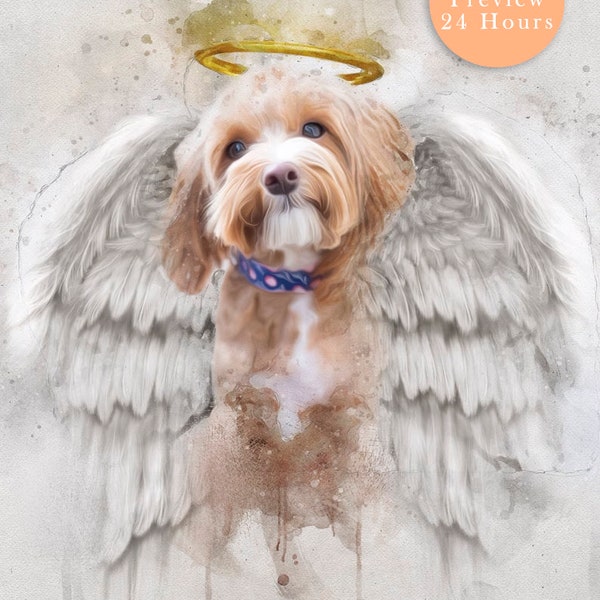 Pet Loss Memorial Portrait with Angel Wings and Halo,deceased pet, dog oil painting ,watercolor painting from photo,dog memorial frame,