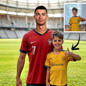May include: A young boy in a yellow soccer jersey with the text "EVONIK" on the front gives a thumbs up. He is standing next to a man in a red soccer jersey with the number "7" on the front. The man is Cristiano Ronaldo.