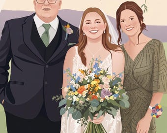 Custom Family Portrait Illustration from Photo, Digital Hand Drawn Art, Personalized Gift for Parents, Couple Portrait, Memorial Gift