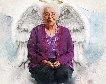Watercolor Portrait with Angel Wings, Memorial Gift for Loss of Loved One, sympathy gift loss of mother, Personalized Gift for Dad Mom