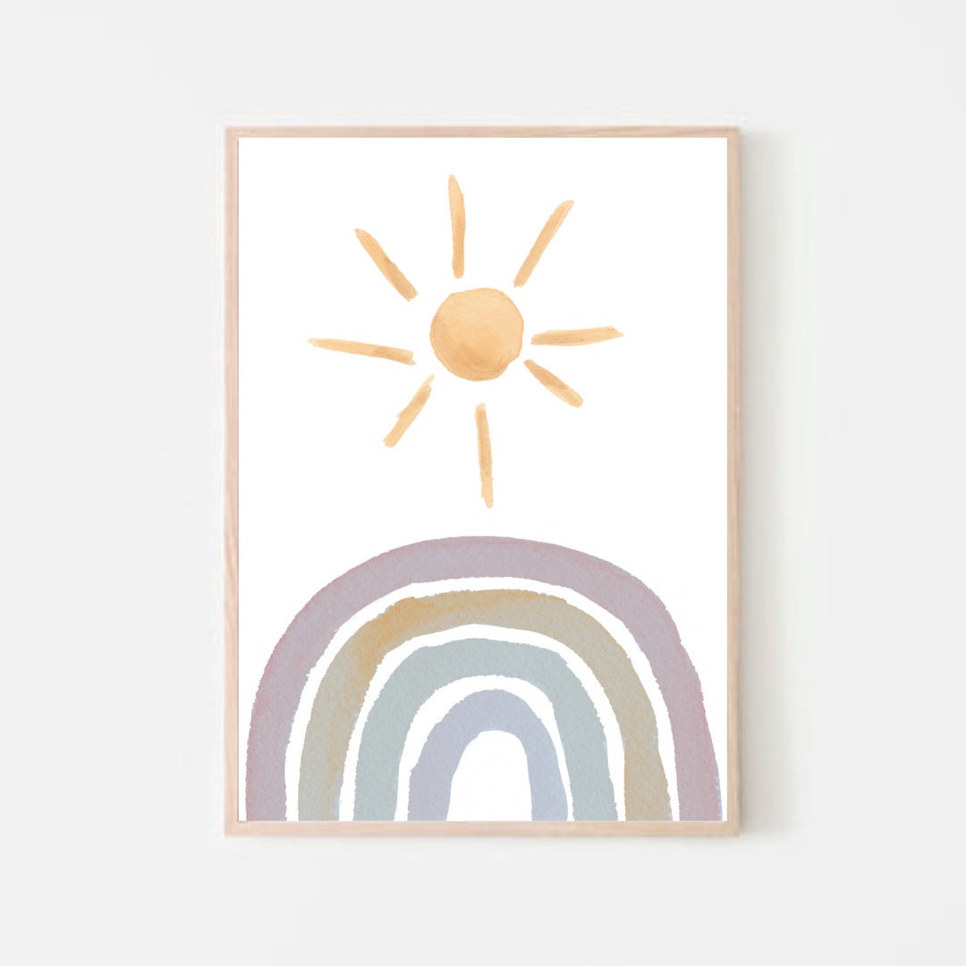Sun Rainbow Print Blue | Watercolour Rainbow & Sun | Boho Rainbow Print | Digital Download