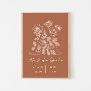 Floral Monogram Birth Details Print, Monogram Birth Print, Baby Birth Poster, Baby Name Print, Personalised Name Print, Digital Download