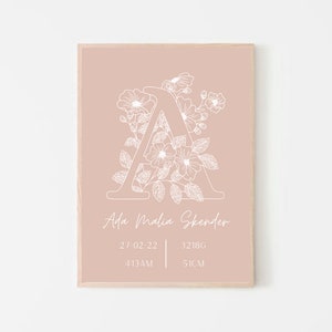 Birth Details Print, Floral Monogram Print, Monogram Birth Print, Baby Birth Poster, Gift for Baby, Personalised Name Print, Digital