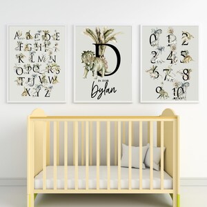 Dinosaur Personalised Monogram Name Poster, Alphabet and Numbers to 10 Poster Bundle Grey | Dinosaur Wall Art Bundle | Digital Download