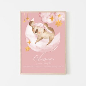 Sleeping Koala Birth Print, Pink, Baby Birth Details, Australiana, Birth Poster, Sleeping Animals, Gift for New Baby, Koala Birth Print