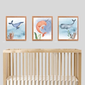 Whale Print Bundle, Set of 5, Whale Wall Prints, Ocean Nursery Decor, Whale Print Set, Baby Boy Decor, Whale Wall Print, Instant Download