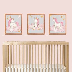Baby Unicorn Set of 3 Prints, Pink Unicorn Print, Watercolour Unicorn Print, Girl Nursery Wall Art, Unicorn Print, Descarga digital