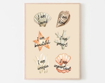 Coastal Affirmations Poster, Affirmations Print, Shell Beach Decor, Children’s Affirmations, Positive Affirmations, Instant Digital Download
