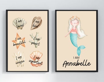 Mermaid Affirmations Poster, Personalized Affirmations Print, Children’s Affirmations, Mermaid with Name, Gift for Mermaid, Digital Download