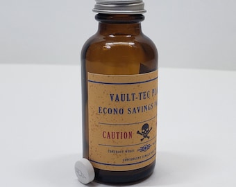 May include: A small brown glass bottle with a silver lid. The bottle has a label that says "Vault-Tec  Pla  Econo Savings P  Caution" with a skull and crossbones symbol. The label also has the text "Contact W/S/21  Confidently Single S"