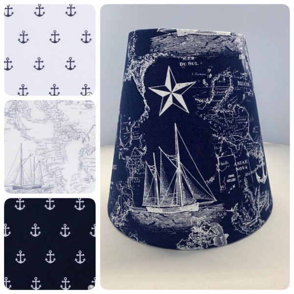 BULB CLIP ON Nautical Sailboat Anchor fabric hardback lamp shades in various sizes and themes. For Spider top see other listing.