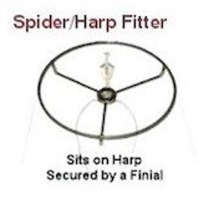 May include: Black metal harp fitter, designed to sit on a harp finial and be secured by a finial. The fitter has three arms and a circular shape.