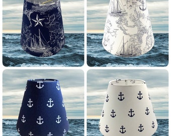 BULB CLIP ON Navy and White Sailboat Anchor fabric hardback lamp shades in various sizes and themes. For Spider top see other listing.