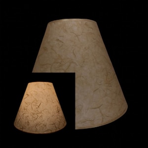 Taupe Mulberry paper hardback lamp shades in various sizes. Available with spider tops, regular bulb clip, and candle clip.