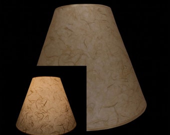 Taupe Mulberry paper hardback lamp shades in various sizes. Available with spider tops, regular bulb clip, and candle clip.