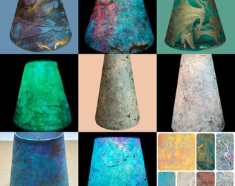 Thai marbled parchment paper hardback lamp shades in various sizes, colors, and fitters