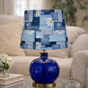 Faux denim patch quilt fabric Lampshades . Available in various shapes and sizes.