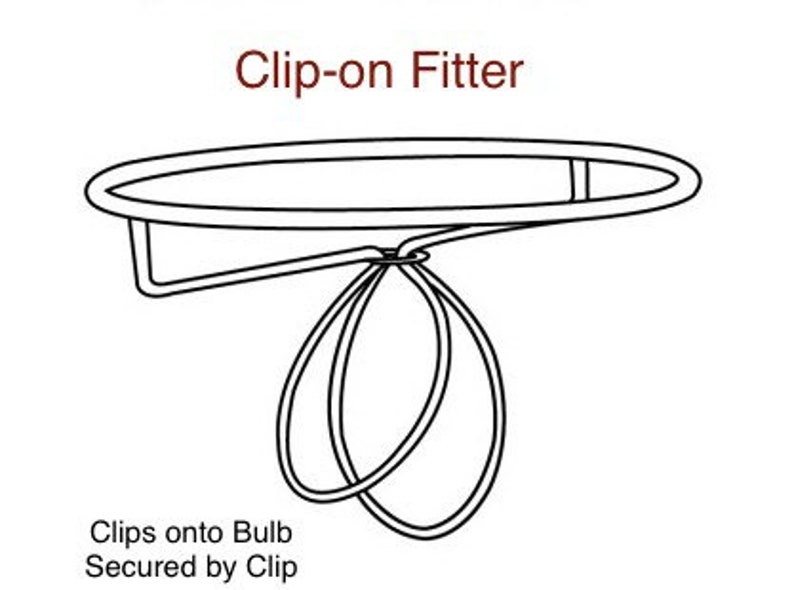 May include: A black and white line drawing of a clip-on fitter for a lampshade. The fitter is designed to clip onto a light bulb and has a circular shape with a clip mechanism. The text "Clip-on Fitter" is written above the drawing. The text "Clips onto Bulb Secured by Clip" is written below the drawing.