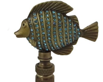 ANTIQUE BRASS FISH with Aegean blue glass lamp shade finial. Fits on a standard harp.