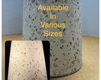 Faux terrazzo marble chip quartz paper hardback lamp shade in various sizes. Available with spider tops, regular bulb clip, and candle clip.