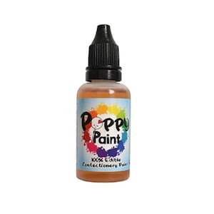May include: A small bottle of orange edible confectionery paint with a black dropper lid. The bottle has a colorful label with the words "Poppy Paint" and "100% Edible Confectionery Paint".