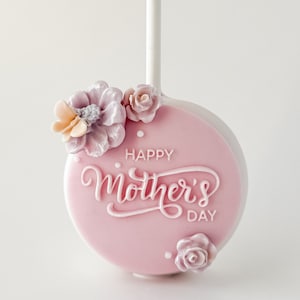 May include: Pink cake pop decorated with white frosting and the words "Happy Mother's Day". The cake pop is topped with pink and white flowers.
