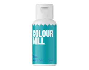May include: A teal colored bottle of food coloring labeled "Colour Mill Teal Oil Blend 20mL".