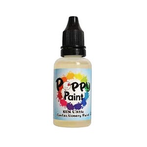 May include: A clear glass bottle of Poppy Paint edible confectionery paint. The bottle has a black dropper top and a colorful label with the brand name and a rainbow circle.