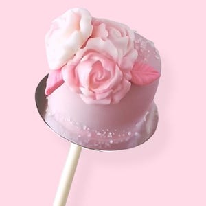 Pu&ograve; includere: Un cake pop rosa decorato con fiori di zucchero rosa e bianchi su un bastoncino argentato.