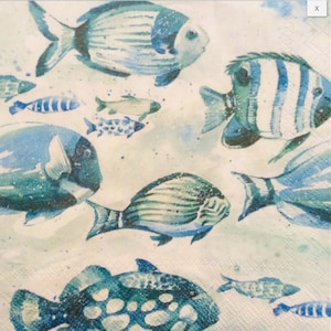 Servetten voor decoupage x 4 cocktailservetten aqua world fish