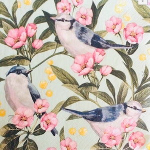 Napkins for decoupage x 5 birds & flowers lunch napkins