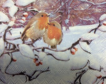 Napkins for decoupage x 4 Christmas robins cocktail napkins