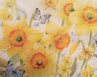 Napkins for decoupage x 4 daffodils and butterflies  cocktail napkins