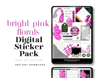 Floral Pink and Black Digital Planner Stickers  | For Scrapbooking  | Instant Download | GoodNotes Stickers | iPad planning