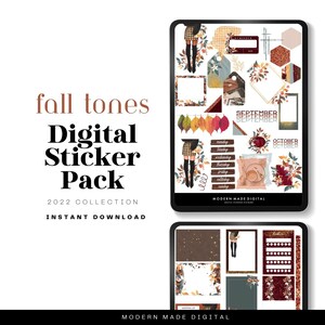 May include: Digital planner sticker pack with fall themed illustrations. The stickers include leaves, a cup of coffee, a woman in a plaid skirt, and the words "September" and "October".