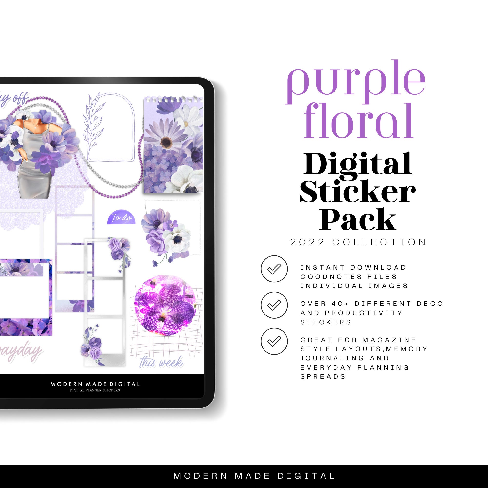 Purple Floral Digital Planner Stickers | for Scrapbooking | Instant ...